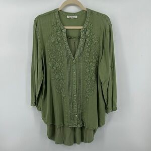 Soft Surroundings Green 3/4 Sleeve Blouse with Mandarin Collar SzLarge